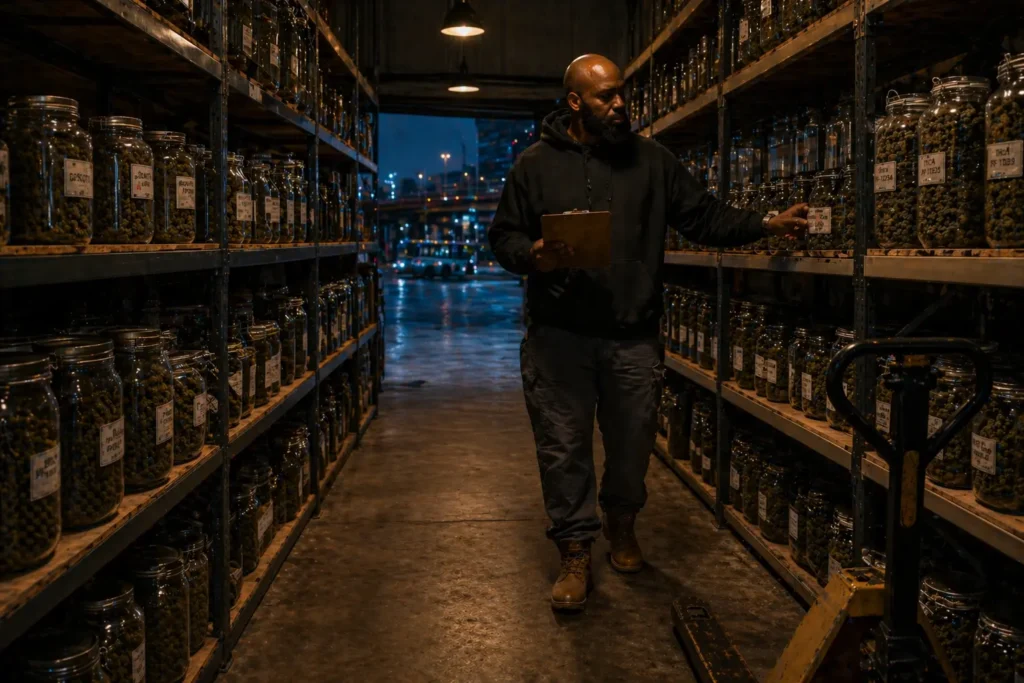 Glass jar of premium THCA flower beside a batch COA document and a November 2026 calendar with the 12th circled