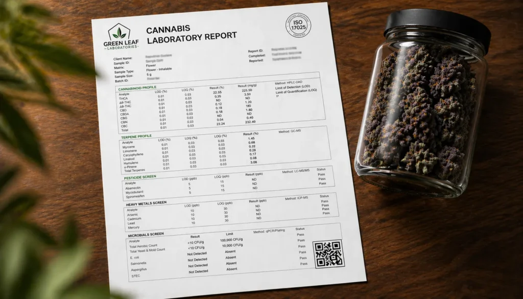 Annotated THCA COA from Passion Farms showing lab name, batch ID, THCA %, delta-9, total THC math, and clean panels