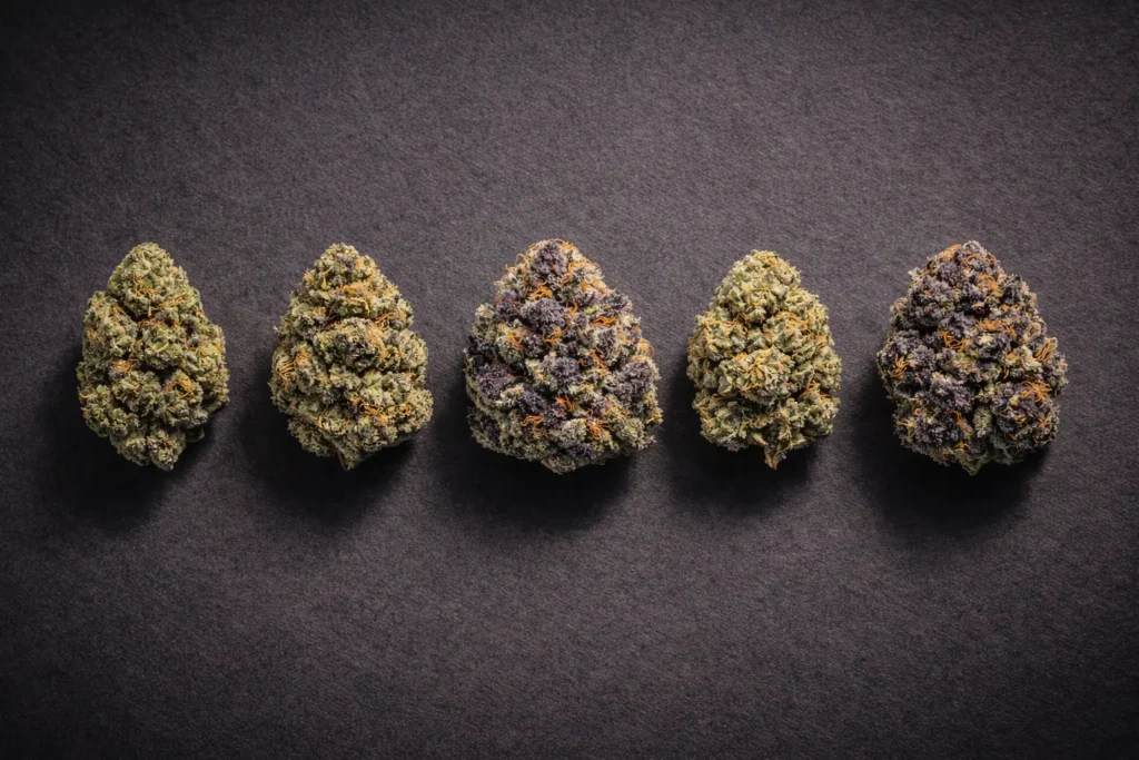 Close-up of indoor Cali-grown SFV OG strain THCa flower nug with frosty trichomes and purple-tipped leaves.