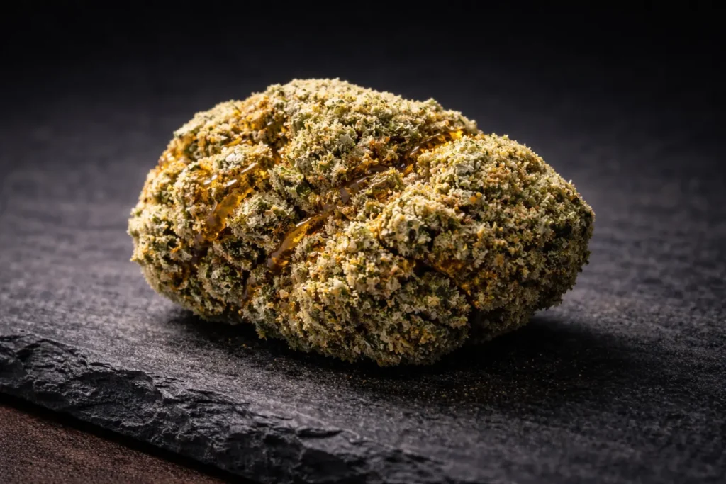 Dense THCA moonrock bud coated in kief and THCA diamonds on dark surface with visible trichome detail from Passion Farms