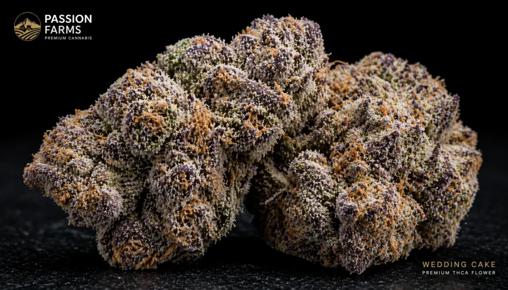 Top-shelf Wedding Cake strain THCA flower from Passion Farms: purple-tipped, frosted nug close-up.