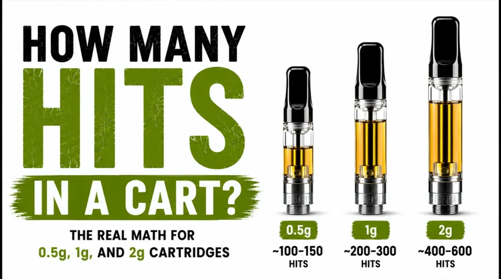 hit counts for 0.5g, 1g, and 2g vape cartridges with puff size and usage breakdown.
