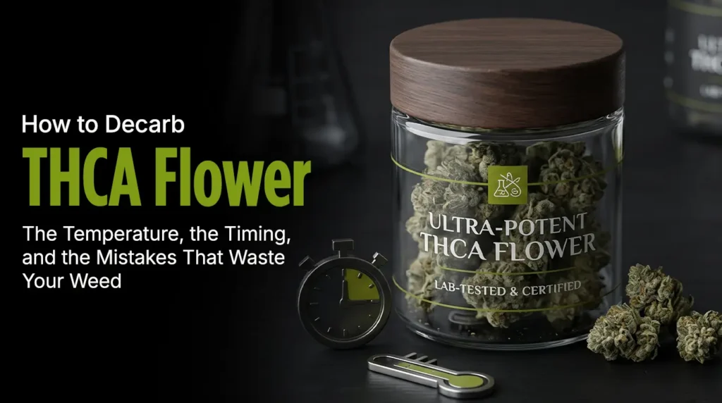 THCA flower being decarboxylated in an oven with cannabis buds on a baking tray showing the decarb process for activating THC.