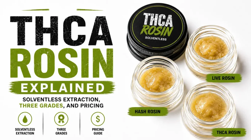 Premium THCA rosin concentrate displayed in jars with a visual breakdown of solventless extraction methods, rosin grades, and pricing tiers.