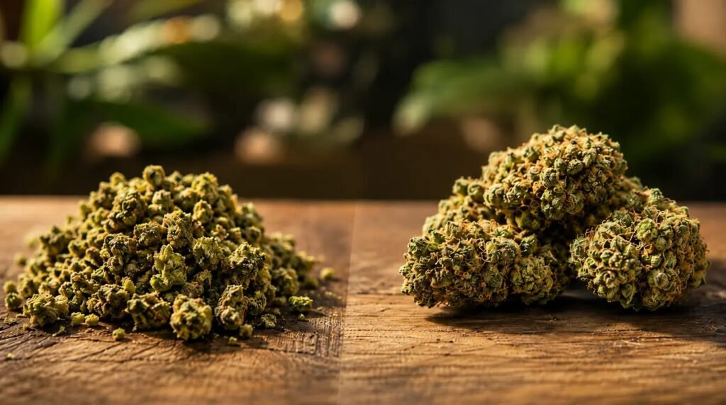 THCA small buds and premium flower displayed side by side