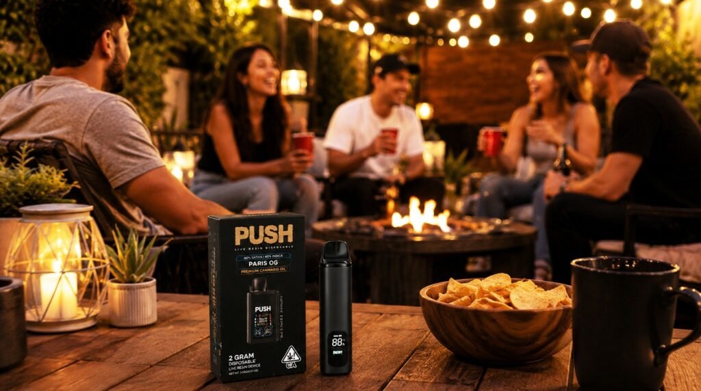 Push 2G disposable vape device with packaging on outdoor table during a social gathering