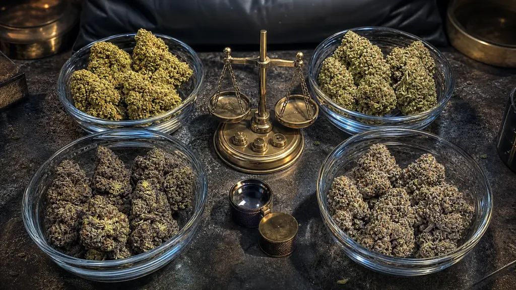 Assorted THCA flower strains from quarter pound deals arranged with premium cannabis buds, showcasing mixed strain options without purchasing full pounds.